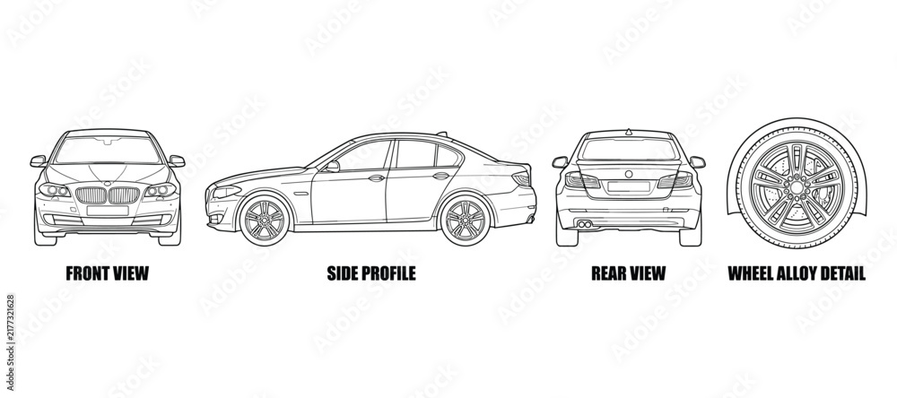Obraz premium Luxury sedan car visualized in front side rear and wheel alloy detail views for automotive industry and design.