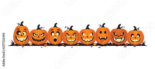 Halloween pumpkins vector row jack-o-lantern scary faces banner