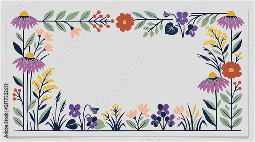 Canvastavla Botanical border vector frame with  wildflowers and leaves in folk art style with empty center