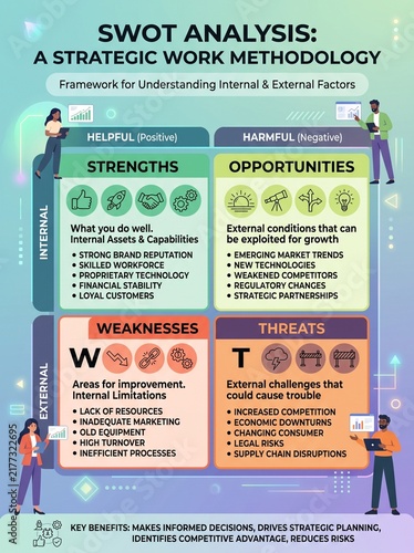 SWOT analysis infographic chart showing strategic business planning framework with four quadrants for identifying internal and external corporate growth factors