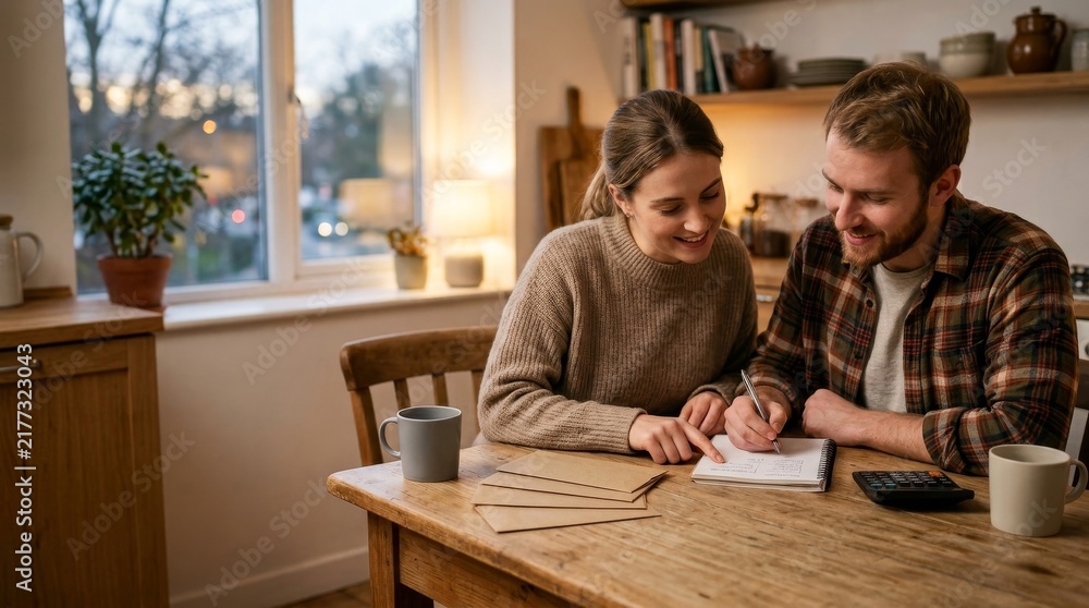 Obraz premium Budget Conscious Holiday Gifting and Smart Spending Choices Two people collaborate at a cozy kitchen table, sharing ideas and enjoying each other's company.