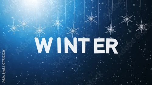 Concept Winter background with looped blue snowy background with snowflakes swing on the strings.