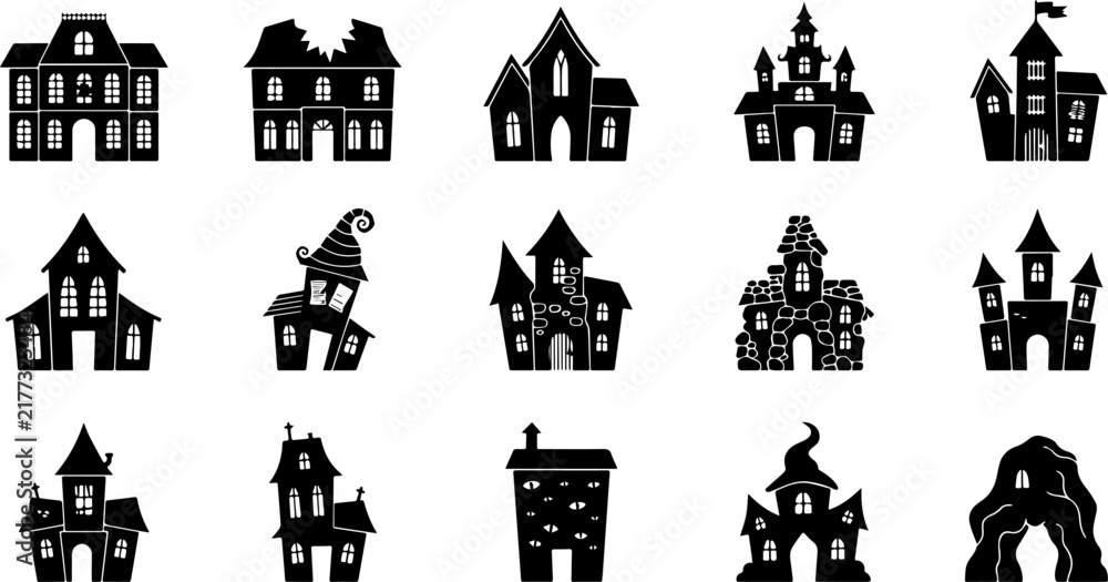 Naklejka premium Collection of black house silhouettes depicts various architectural styles on a white background architecture buildings cottage dwelling estate facade
