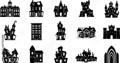 Obraz na plátně Collection of black silhouette building shapes includes castles houses and gothi