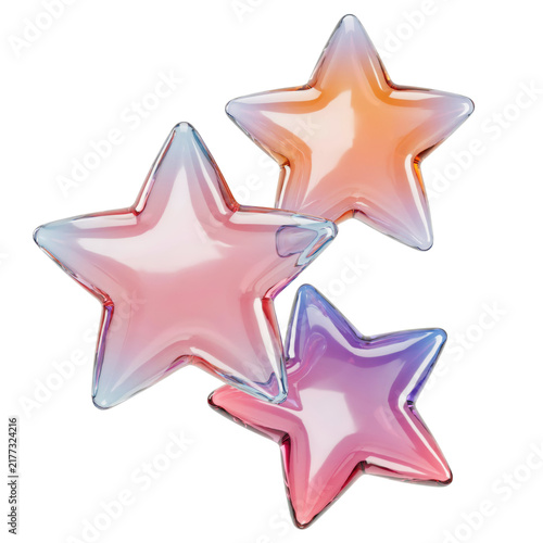Three iridescent glass star shapes with gradient pink, orange, and blue tones arranged in a cluster isolated on a transparent background