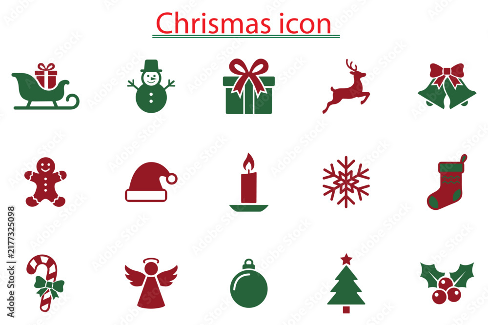 Fototapeta premium Christmas holiday icon set with santa sleigh, snowman, gifts, reindeer, bells, stocking, candle, snowflake, angel and ornaments.
