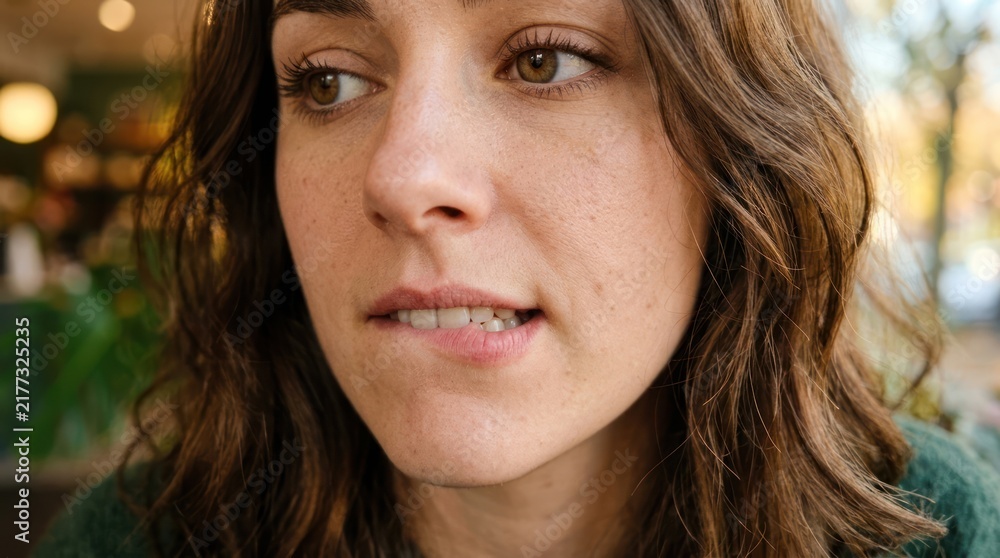 Fototapeta premium Woman biting lip in thought.