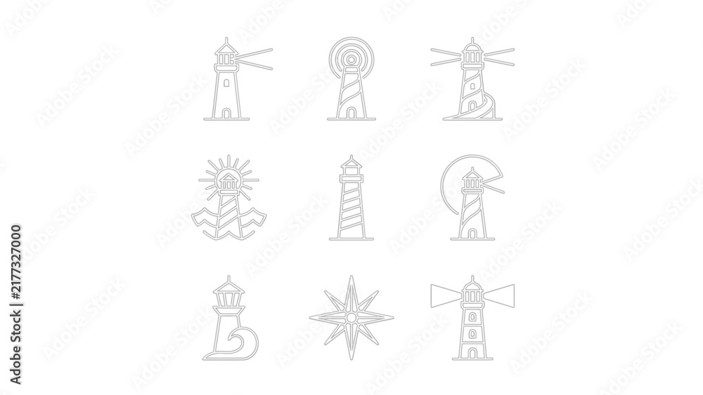 Fototapeta premium Lighthouse and maritime beacon line icons.
