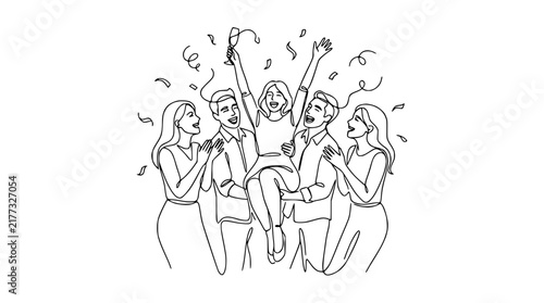 Foto Happy people celebrating, one lifted, confetti falling, line art, isolated
