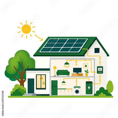 Solar Panel House Flat Vector Illustration, 
Residential Solar Energy Concept.