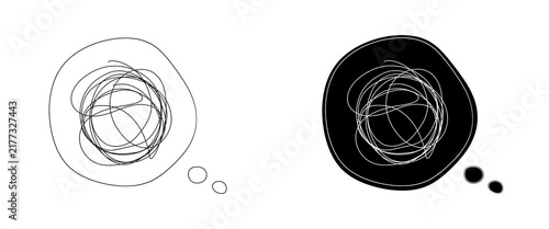 Hand drawn thought bubble featuring a tangled messy scribble symbol, representing confused or disorganized thoughts, shown in black and white versions.