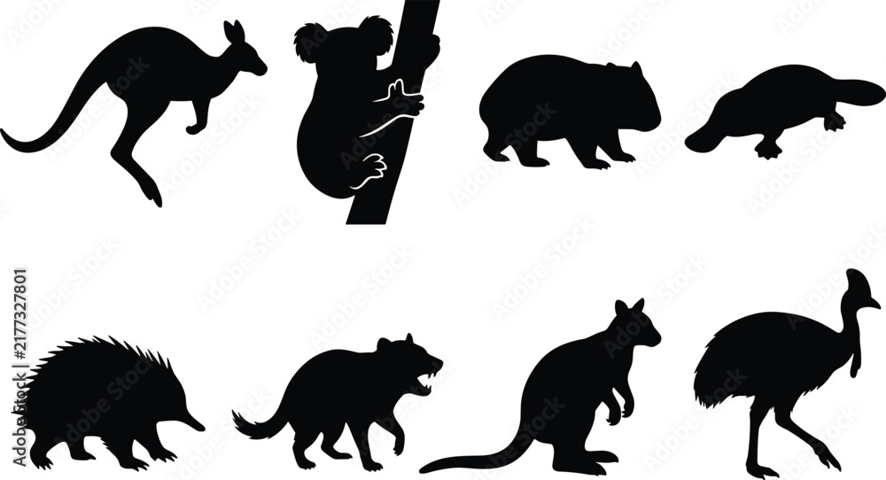 Obraz premium Collection of Australian wildlife silhouettes with kangaroo, koala, wombat, and cassowary isolated on white