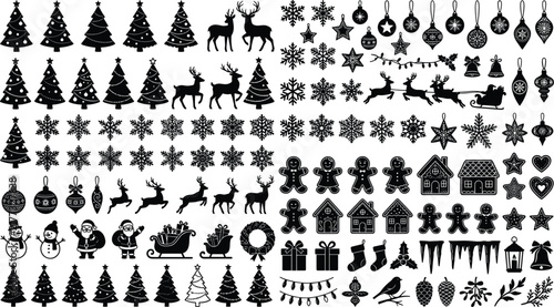 Mega Christmas Silhouette Icon Set with Festive Trees Reindeer Snowflakes Baubles Santa Claus and Gingerbread Houses for Holiday Scrapbooking Laser Cutting and Winter Graphics