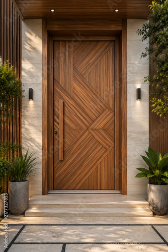 Luxury Geometric Pattern Teak Wood Front Door with Modern Stone Entrance