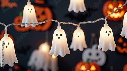 Cute ghost shaped string lights glowing in dark room, blurred Halloween decorations