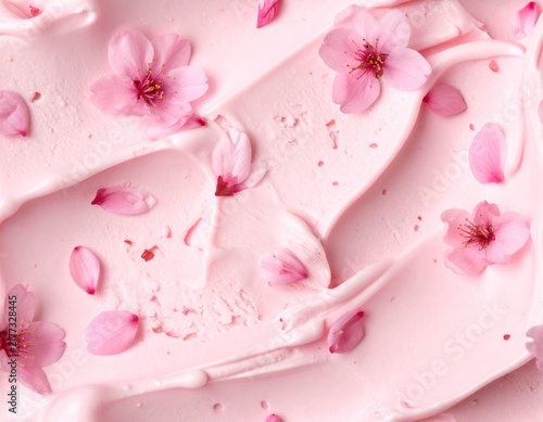 Sakura Cherry Blossom Ice Cream Texture with Pink Creamy Surface and Flower Petals
