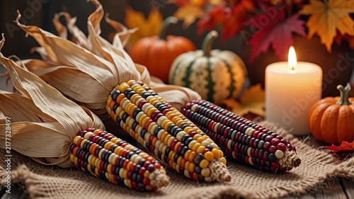 Colorful Indian corn cobs with dried husks on burlap fabric, warm candle light