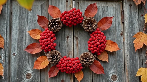 Handmade autumn wreath of red rowan berries, pine cones and dried leaves on wooden door