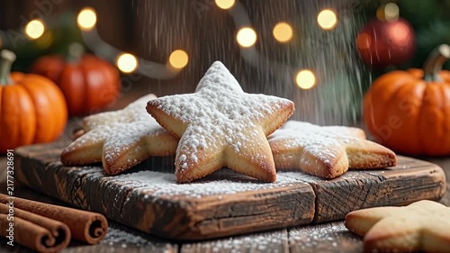 Cinnamon star cookies on rustic wooden board, powdered sugar dusting falling slowly