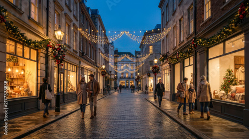 Christmas market decorated shops line a cobblestone street, in a city . Ai generated