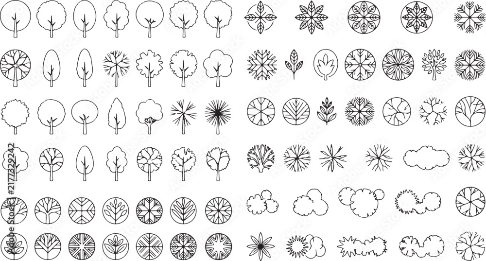 Fototapeta premium Set of hand drawn tree top view icons for architectural landscape design and site planning