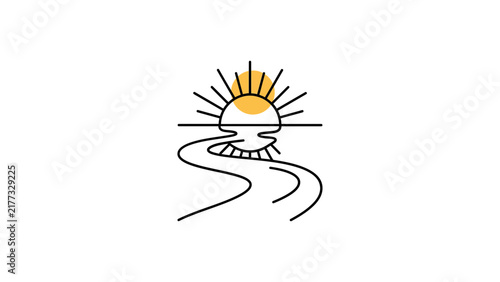 Line art of road leading to sun.