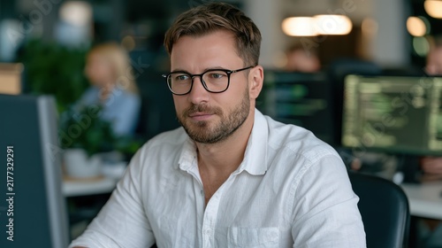 A confident businessman wearing glasses and a white shirt sits at his desk in an office, working on a computer. His gaze is focused and determined, suggesting deep concentration