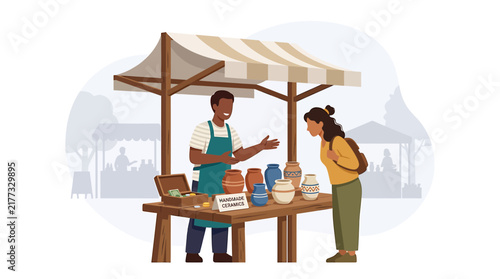 Ceramics Artisan Selling Handmade Pottery to Customer at Outdoor Market