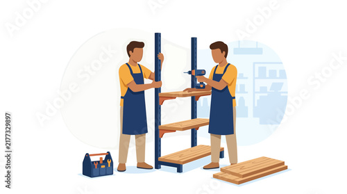 Carpenters Assembling Metal Shelving Units with Tools in Workshop