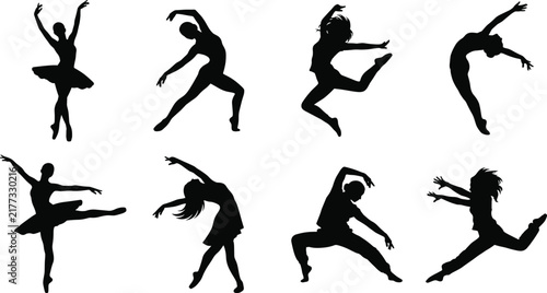 Obraz na plátně Collection of dynamic female dancer silhouettes featuring ballet, modern, and st