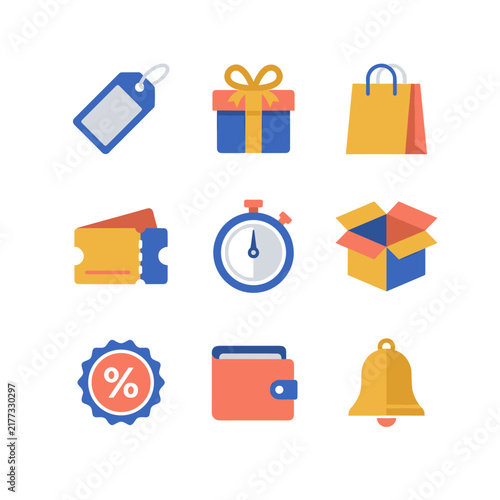 Colorful flat icons set for shopping and business concepts.