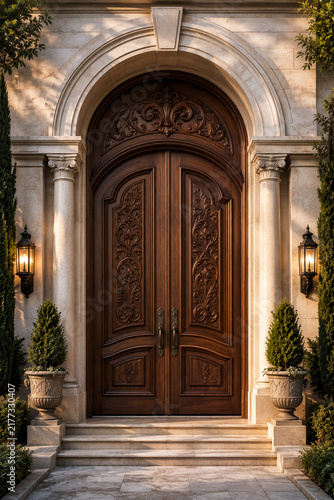Elegant Arched Carved Wooden Mansion Entrance Door with Luxury Stone Facade