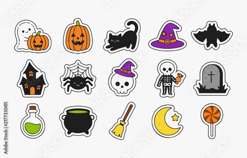 Halloween themed icons depict pumpkins cats ghosts and other spooky elements in a colorful vector style pumpkin jackolantern ghost specter apparition cat feline blackcat witch