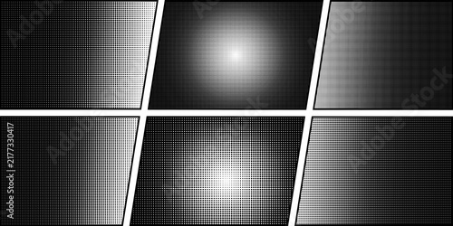 Fotografía Black halftone dot panel with shifting gradients and geometric texture for comic layouts, posters, print backgrounds, editorial designs, and modern graphic compositions
