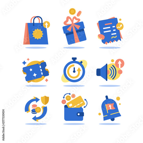 Flat design icons for ecommerce, time, and notifications.