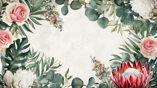 Watercolor Floral Frame with Roses and Protea on Beige Background