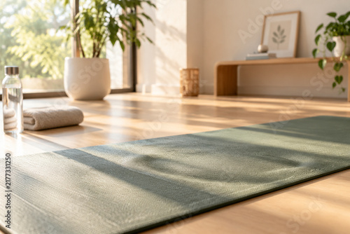 A yoga mat on a sunlit floor showing indentations from a seated pose.
