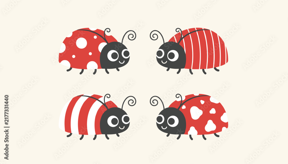 Fototapeta premium Four cute cartoon ladybugs with different red and white wing patterns like dots, stripes, and irregular splotches.