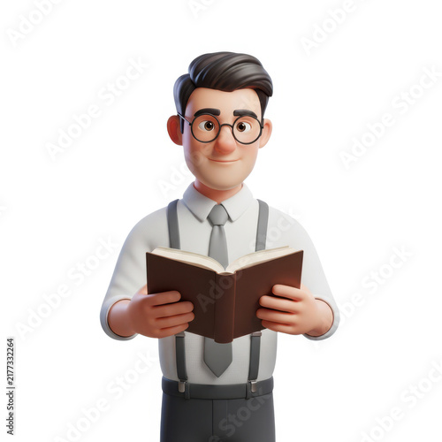Cartoon man wearing glasses reading a book isolated on white background