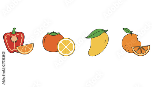 Collection of fresh fruits and vegetables including red bell pepper, persimmon, fresh mango, and bitten orange.