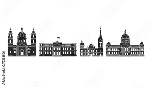 Four detailed black silhouettes of prominent historic cathedrals and grand municipal buildings on white.
