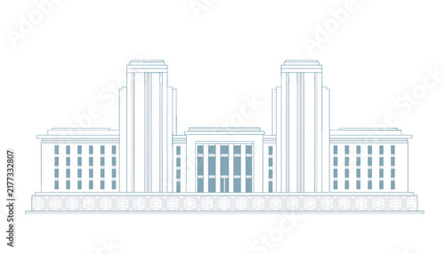 Elegant light blue line art drawing of a grand municipal building facade with symmetrical towers on white.
