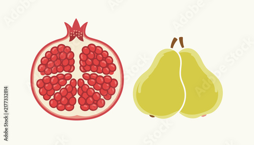 Half of a ripe red pomegranate showing juicy seeds alongside a pair of sweet yellow-green pears on white.