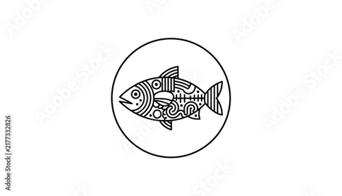 Stylized circular line art logo of a fish filled with intricate geometric skeletal details on a white background.
