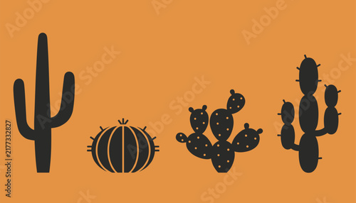 Four distinct black silhouettes of desert cacti including saguaro and prickly pear on a solid orange background.