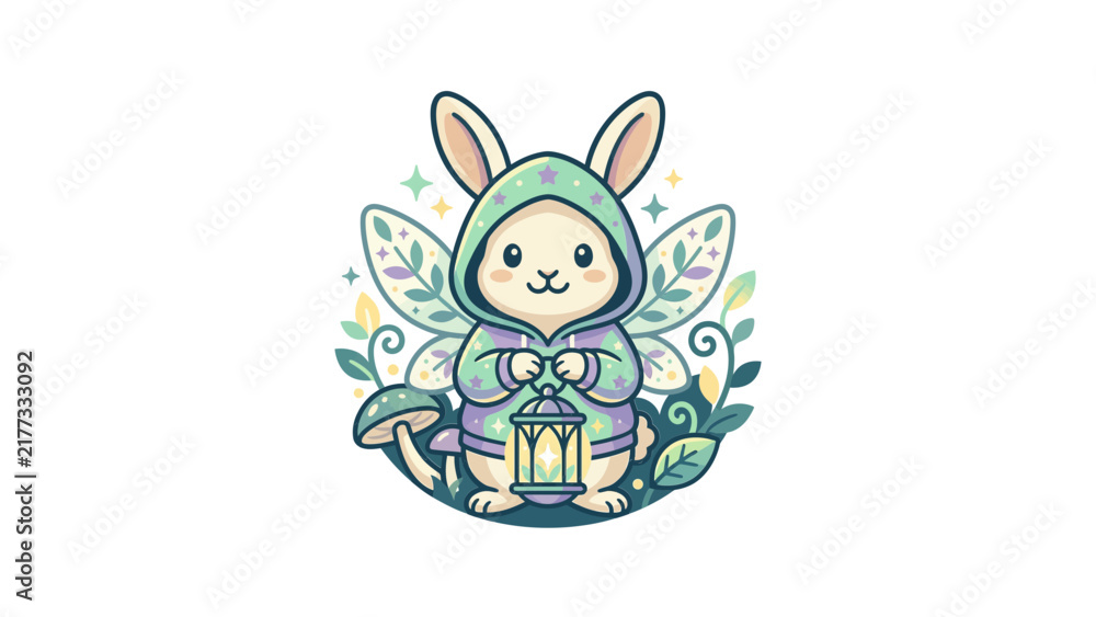 Obraz premium Magical bunny fairy wearing a hooded dress and holding a glowing lantern.