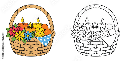 Quadro su tela Diwali Gift Basket with Diya Oil Lamps Sweets and Flowers Coloring Page and Colo