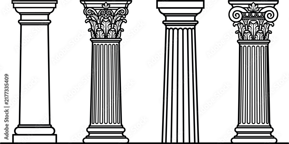 Obraz premium Set of classical Greek and Roman architectural pillars and columns with ornate capitals in black and white vector illustration