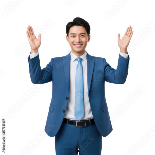 Smiling asian businessman in blue suit gesturing with hands isolated on white background