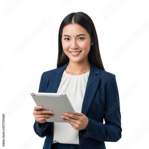 Smiling asian businesswoman holding a tablet isolated on white background